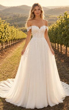 Landhaus-Brautkleid aus Tüll, A-Linie, schulterfrei, Schleppe, Rüschenbesatz, tiefer V-Ausschnitt am Rücken