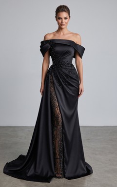 Sexy, langärmeliges, elegantes A-Linien-Abendkleid aus Satin mit Schleppe und Perlenstickerei