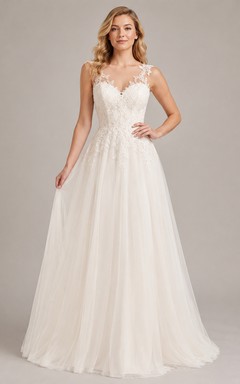 Preiswertes Brautkleid aus Tüll im A-Linien-Stil mit Spitzenträgern