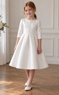 Simple Tea-length Ivory Satin Jewel Three-quarter-sleeve Buttoned Narrow-waistband Box-pleated A-line Flower Girl Dress
