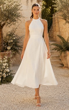 Vestido de novia de corte halter hasta la rodilla para fugas nupciales en jardines traseros abiertos