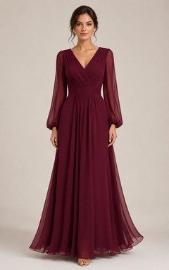 A-Linien-Brautjungfernkleid aus Chiffon mit V-Ausschnitt, langen Ärmeln und Falten