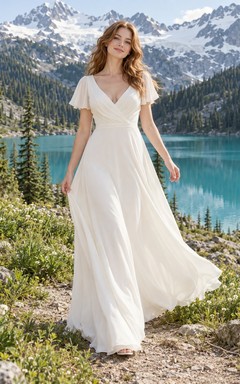Vestido de novia con escote en V y mangas con volantes en crepé de China, corte en A y cola larga.
