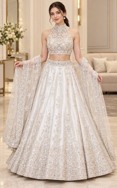 Lehenga deux pièces ivoire à col montant dos nu et sequins, pour une soirée formelle