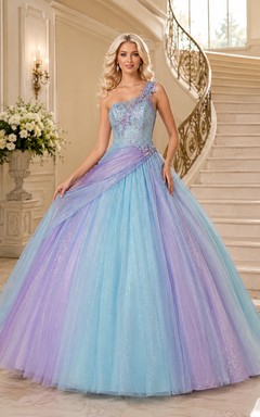 Sky Blue Lilac Luxury One Shoulder Draped Ombre Quinceanera Princess Formal Ball Gown