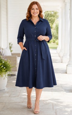 Dark Navy Cotton Button Front 3/4 Sleeve A-Line Notched Neck Tea Length Plus Size Dress