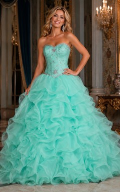 Vestido de gala largo hasta el suelo, escote corazón, sin mangas, volantes, lentejuelas y organza