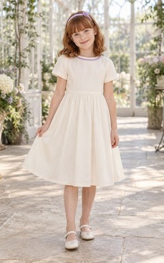 Simple Modest Cream Tea-length Lavender Bound Neck Straight Short Sleeve Flower Girl Dress