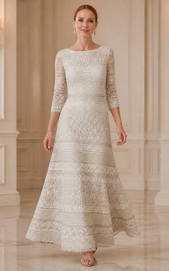 Vintage Modest Older Brides Lace A-Line Tea-length Bateau Three-Quarter Sleeve Mother Dress