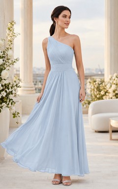 Sky Blue One-Shoulder Sleeveless Chiffon A-Line Floor-length Modern Evening Dress