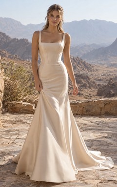 Vestido de novia sencillo de corte sirena color champán, escote cuadrado, sin mangas, de satén, con tirantes anchos y cola larga.