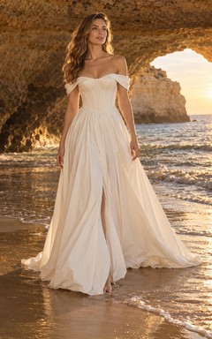 Vestido de novia de gala con corsé de popelina de algodón con hombros descubiertos y cintura natural