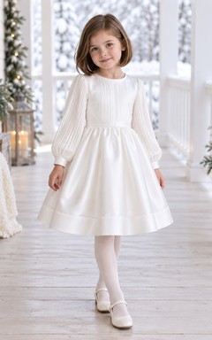 White Satin Pintucked Bodice Long Pleated Sleeve Flower Girl Dress