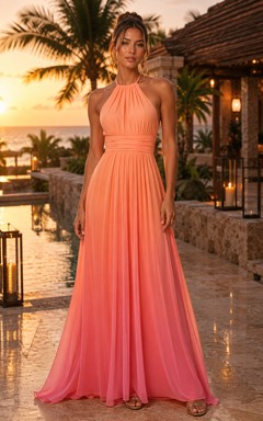 Robe longue trapèze en mousseline corail à col halter