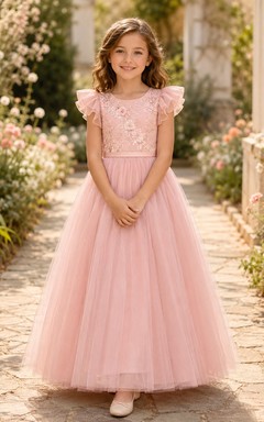 Flower Girl Dress Sage Tulle A-Line Jewel Neck Tea Length Pleated