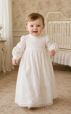 Weißes Taufkleid mit langen Ärmeln und gerafftem Spitzensaum für Jungen