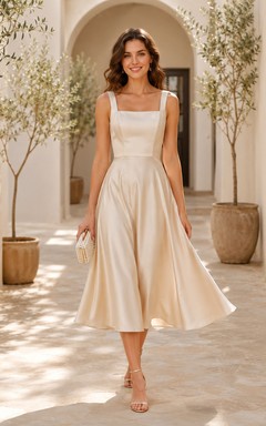 Elegant Square Strap Pleated Satin A Line Tea Length Civil Wedding Dress