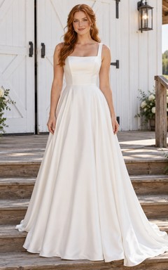 Country Simple Square Neck Satin Sleeveless A-line Train Wedding Dress