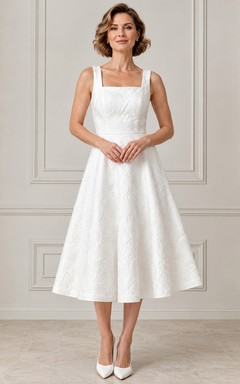 White Square Neck Strapped Vintage Textured Taffeta A-Line Tea-Length Formal Dress