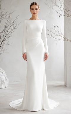 Minimal Bateau Neck Satin Wedding Sheath Long Sleeve Sweep Train Winter