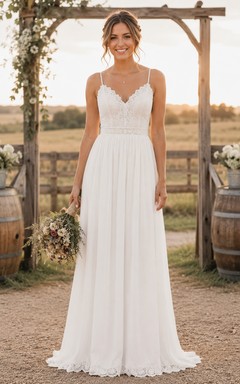 Country V-neck Chiffon A-line Wedding Dress with Lace