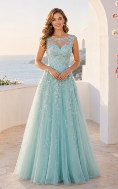 Mintgrünes, bodenlanges Brautkleid aus Illusion-Bateau-Spitze und Tüll in A-Linie