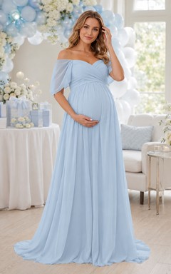Hellblaues schulterfreies Chiffon-Umstandskleid für die Dusche