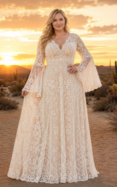 Plus Size Bell Sleeve Boho Lace Desert Wedding Dress