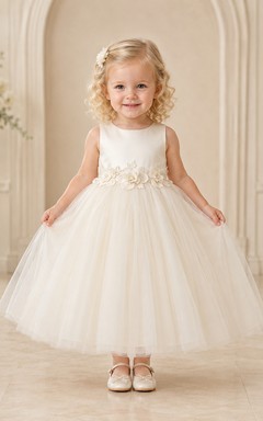 Floral Applique Sleeveless Tea-Length A-Line Flower Girl Garden Wedding Tulle Dress