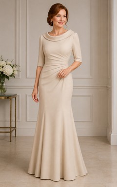 MOB-Kleid Champagnerfarbenes Satin-Meerjungfrauenkleid mit halben Ärmeln, Wasserfallausschnitt, bodenlang, drapiert