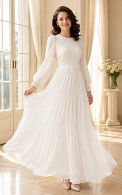 High Neck Long Sleeve Lace Tiered Floor-length A-line Romantic Modest Wedding Dress