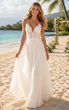 Robe de mariée bohème en mousseline à bretelles spaghetti et décolleté plongeant en V, coupe trapèze, idéale pour une destination de plage ou un mariage de rêve.