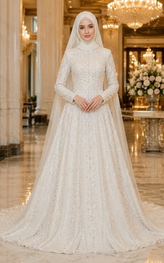 Lujoso vestido de novia musulmán de corte A con encaje y perlas, cola capilla.