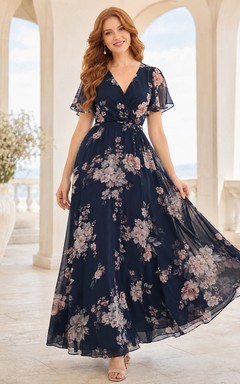 Navy Floral Chiffon Flutter Sleeve A-Line V-Neck Floor Length Garden Guest Dress