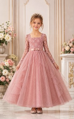 A-line Floor Length Long Sleeve Illusion Tulle Lace Flower Girl Dress with Dusty rose long lace sleeves and tulle skirt