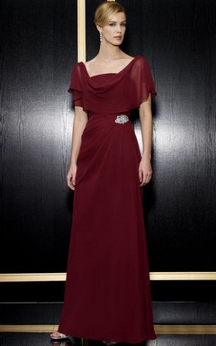 Maxi Cowl Poet-Short-Sleeve Broach Chiffon Formal Dress With Low-V Back