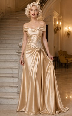 Vintage Champagne Off-Shoulder Draped Satin Sweep Train Gown