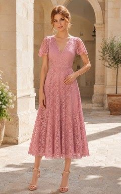 Dusty Rose Lace Cap Sleeve Tea Length Wedding Guest Dress
