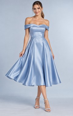 Tea-length Steel Blue Off Shoulder Flared Satin Cocktail Dress