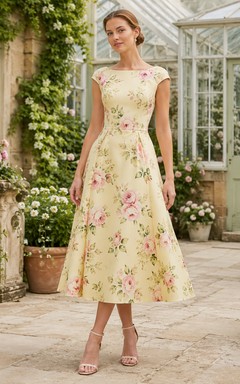 Daffodil Jewel Cap Sleeve Floral Print A Line Tea Vintage Guest Dress