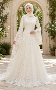 Vestido de novia bohemio musulmán de encaje con mangas acampanadas, estilo jardín