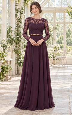 Conjunto de dos piezas de vestido de dama de honor de encaje color ciruela con mangas largas estilo bohemio.