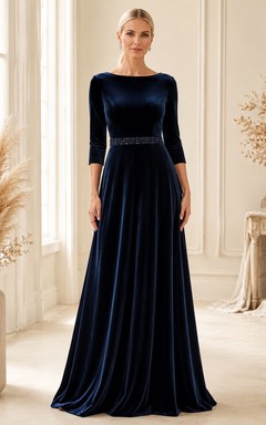 Dark Navy Elegant Square Velvet Three-Quarter-Sleeve A-Line Floor-Length Dress