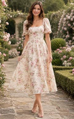Rosafarbenes, geblümtes Midikleid mit Rundhalsausschnitt und kurzen Ärmeln