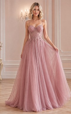 Romantic Blush Tulle Ball Gown Floor-Length Strapless Sleeveless Prom Dress