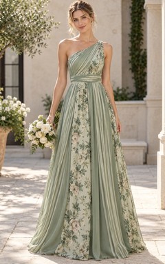 Sage Floral Stripe Mixed Print One-Shoulder Draped Floor-Length Chiffon Bridesmaid Dress