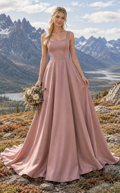 Dusty Rose Square-Neck Matte Satin Wedding Dress with Wide Straps and A-Line Skirt
