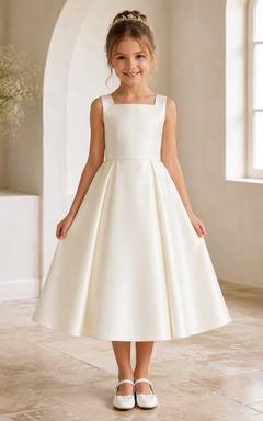 Flower Girl Dress Ivory Satin A-Line Jewel Neck Tea Length Bow Detail