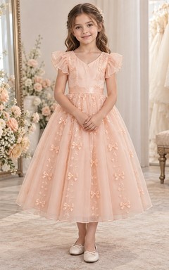 Tea-length Peach V-neck Ruffle Sleeve Ribbon Bow Organza Flower Girl Dress