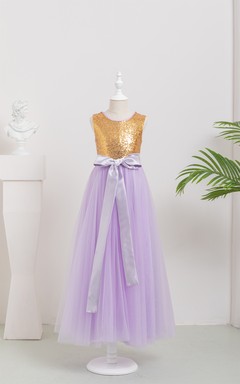 Two-Tone Scoop-neck Empire Tulle A-line Flowergirl Dress with Bow